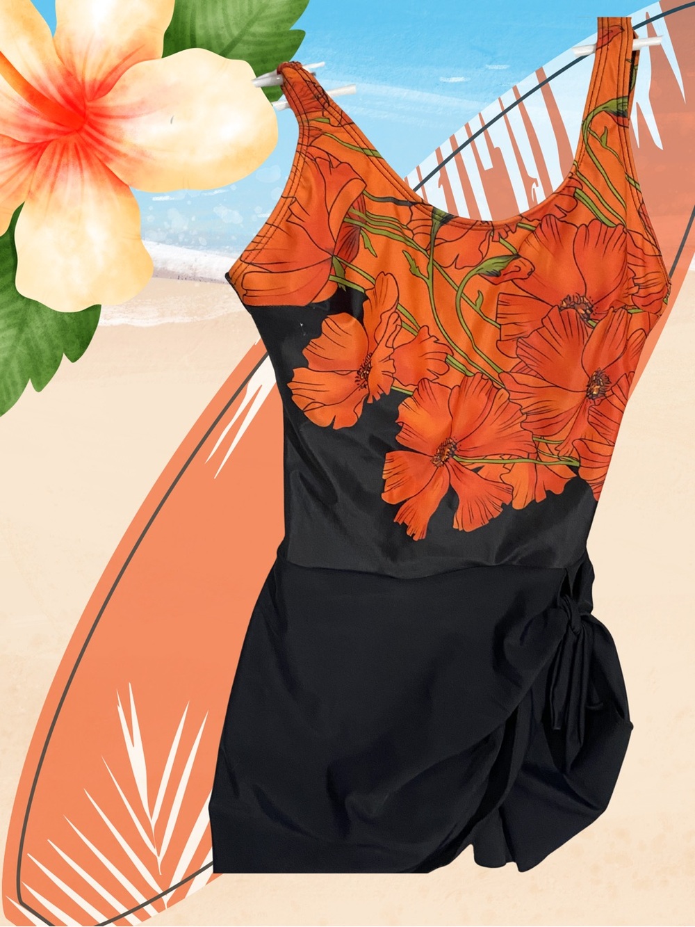 Floral Orange & Black One-Piece Swimsuit SHEIN